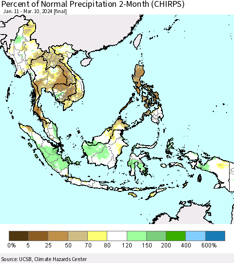 South East Asia Percent of Normal Precipitation 2-Month (CHIRPS) Thematic Map For 1/11/2024 - 3/10/2024