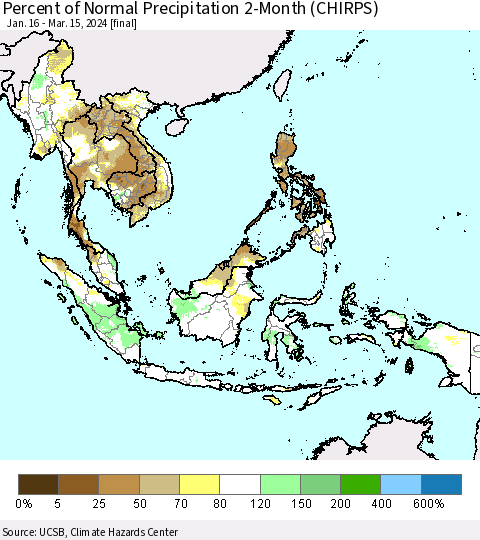 South East Asia Percent of Normal Precipitation 2-Month (CHIRPS) Thematic Map For 1/16/2024 - 3/15/2024