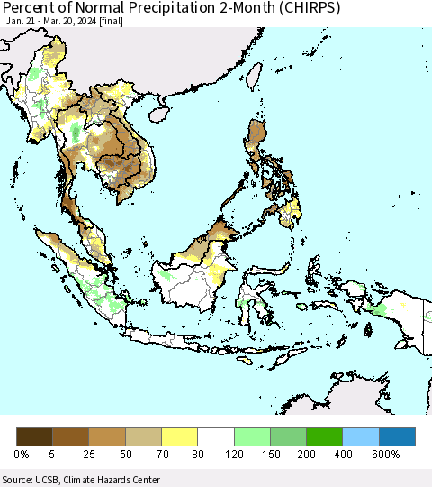 South East Asia Percent of Normal Precipitation 2-Month (CHIRPS) Thematic Map For 1/21/2024 - 3/20/2024