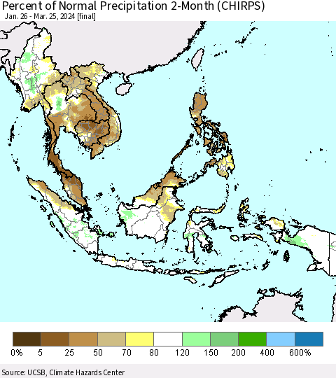 South East Asia Percent of Normal Precipitation 2-Month (CHIRPS) Thematic Map For 1/26/2024 - 3/25/2024