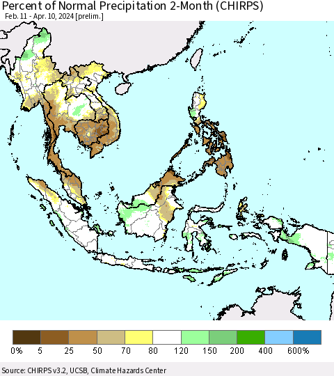 South East Asia Percent of Normal Precipitation 2-Month (CHIRPS) Thematic Map For 2/11/2024 - 4/10/2024