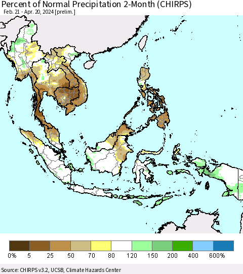 South East Asia Percent of Normal Precipitation 2-Month (CHIRPS) Thematic Map For 2/21/2024 - 4/20/2024
