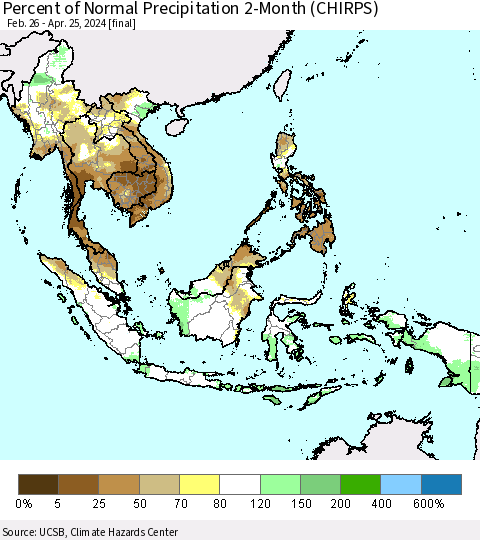 South East Asia Percent of Normal Precipitation 2-Month (CHIRPS) Thematic Map For 2/26/2024 - 4/25/2024