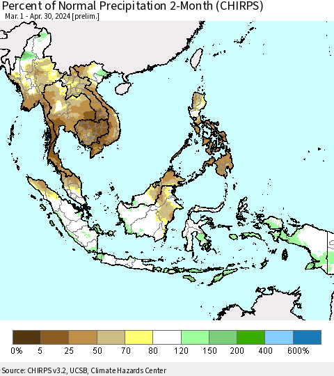 South East Asia Percent of Normal Precipitation 2-Month (CHIRPS) Thematic Map For 3/1/2024 - 4/30/2024