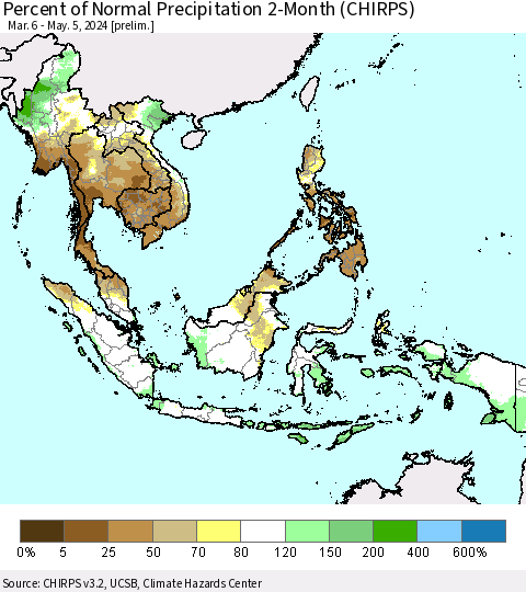 South East Asia Percent of Normal Precipitation 2-Month (CHIRPS) Thematic Map For 3/6/2024 - 5/5/2024