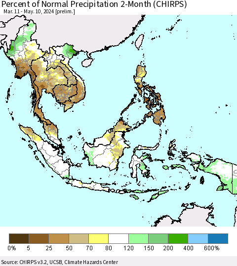 South East Asia Percent of Normal Precipitation 2-Month (CHIRPS) Thematic Map For 3/11/2024 - 5/10/2024