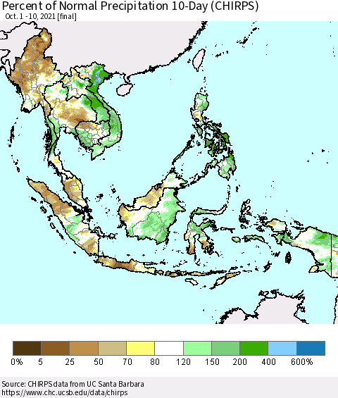 South East Asia Percent of Normal Precipitation 10-Day (CHIRPS) Thematic Map For 10/1/2021 - 10/10/2021
