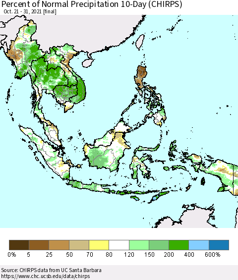 South East Asia Percent of Normal Precipitation 10-Day (CHIRPS) Thematic Map For 10/21/2021 - 10/31/2021