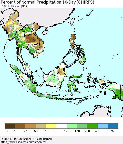 South East Asia Percent of Normal Precipitation 10-Day (CHIRPS) Thematic Map For 11/1/2021 - 11/10/2021