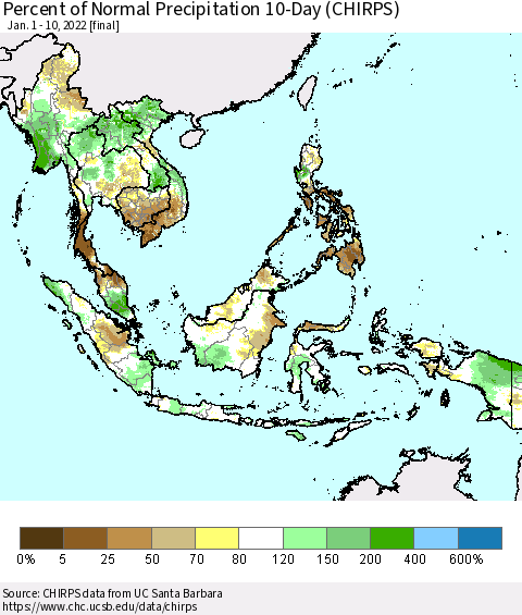 South East Asia Percent of Normal Precipitation 10-Day (CHIRPS) Thematic Map For 1/1/2022 - 1/10/2022