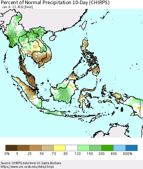 South East Asia Percent of Normal Precipitation 10-Day (CHIRPS) Thematic Map For 1/6/2022 - 1/15/2022