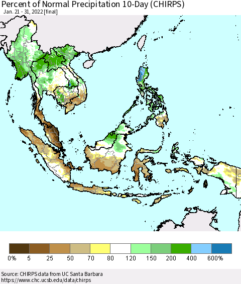 South East Asia Percent of Normal Precipitation 10-Day (CHIRPS) Thematic Map For 1/21/2022 - 1/31/2022
