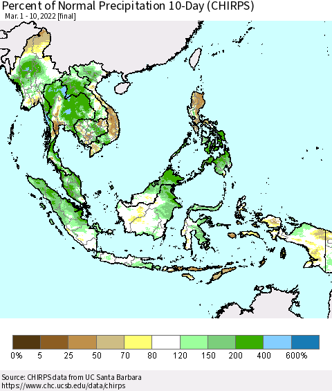 South East Asia Percent of Normal Precipitation 10-Day (CHIRPS) Thematic Map For 3/1/2022 - 3/10/2022