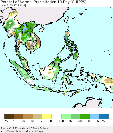 South East Asia Percent of Normal Precipitation 10-Day (CHIRPS) Thematic Map For 3/6/2022 - 3/15/2022