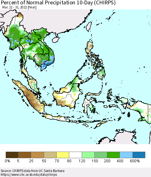 South East Asia Percent of Normal Precipitation 10-Day (CHIRPS) Thematic Map For 3/21/2022 - 3/31/2022