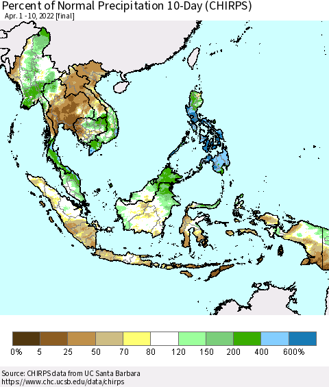 South East Asia Percent of Normal Precipitation 10-Day (CHIRPS) Thematic Map For 4/1/2022 - 4/10/2022