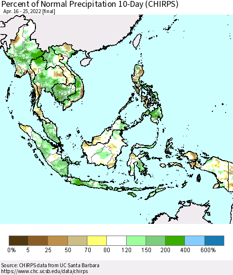 South East Asia Percent of Normal Precipitation 10-Day (CHIRPS) Thematic Map For 4/16/2022 - 4/25/2022