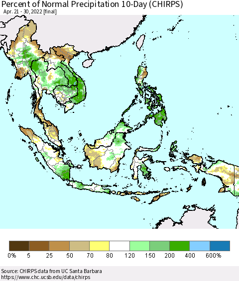 South East Asia Percent of Normal Precipitation 10-Day (CHIRPS) Thematic Map For 4/21/2022 - 4/30/2022