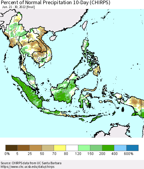 South East Asia Percent of Normal Precipitation 10-Day (CHIRPS) Thematic Map For 6/21/2022 - 6/30/2022