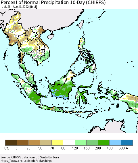 South East Asia Percent of Normal Precipitation 10-Day (CHIRPS) Thematic Map For 7/26/2022 - 8/5/2022