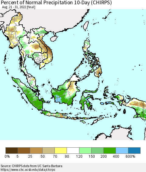 South East Asia Percent of Normal Precipitation 10-Day (CHIRPS) Thematic Map For 8/21/2022 - 8/31/2022