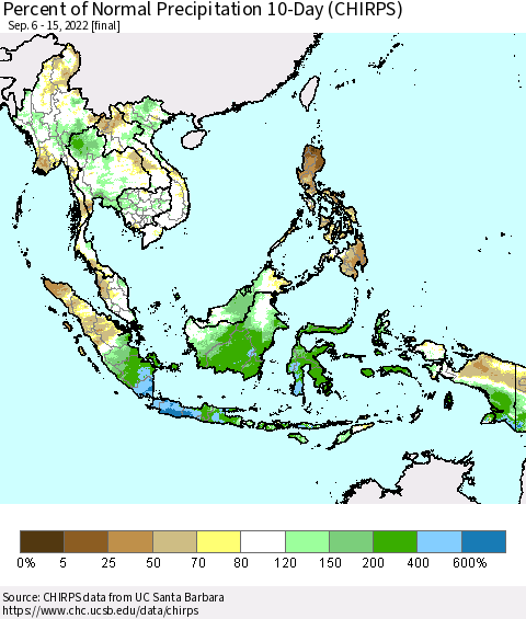 South East Asia Percent of Normal Precipitation 10-Day (CHIRPS) Thematic Map For 9/6/2022 - 9/15/2022