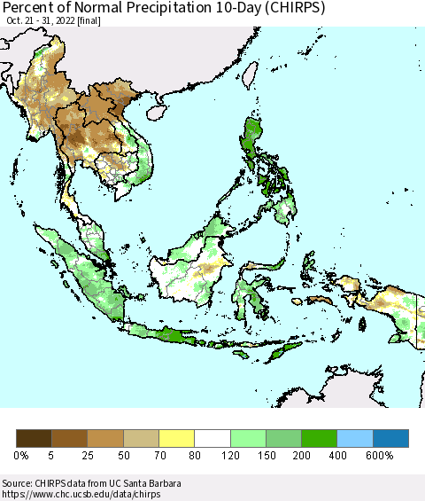 South East Asia Percent of Normal Precipitation 10-Day (CHIRPS) Thematic Map For 10/21/2022 - 10/31/2022