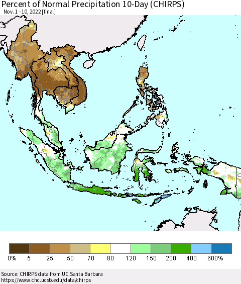 South East Asia Percent of Normal Precipitation 10-Day (CHIRPS) Thematic Map For 11/1/2022 - 11/10/2022