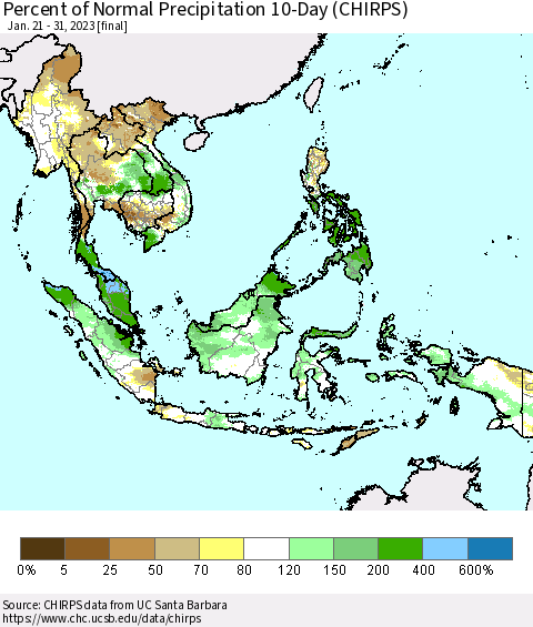 South East Asia Percent of Normal Precipitation 10-Day (CHIRPS) Thematic Map For 1/21/2023 - 1/31/2023