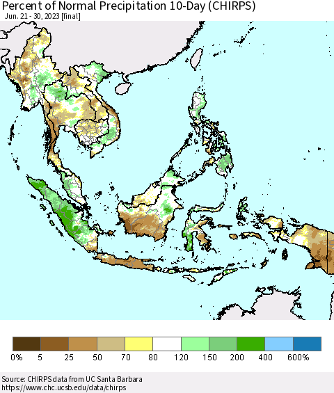 South East Asia Percent of Normal Precipitation 10-Day (CHIRPS) Thematic Map For 6/21/2023 - 6/30/2023