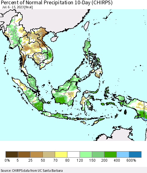 South East Asia Percent of Normal Precipitation 10-Day (CHIRPS) Thematic Map For 7/6/2023 - 7/15/2023