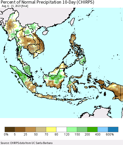 South East Asia Percent of Normal Precipitation 10-Day (CHIRPS) Thematic Map For 8/6/2023 - 8/15/2023