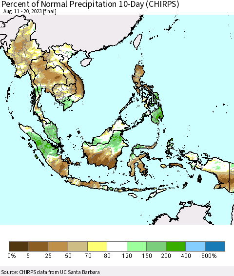 South East Asia Percent of Normal Precipitation 10-Day (CHIRPS) Thematic Map For 8/11/2023 - 8/20/2023