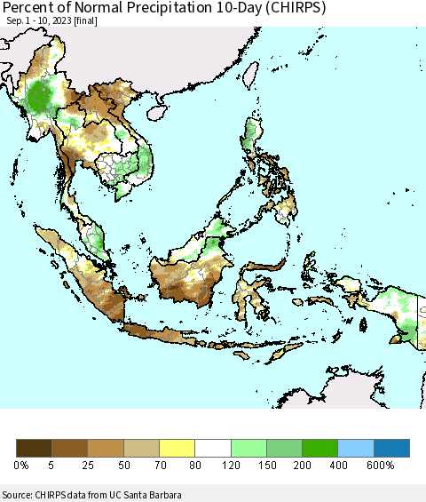 South East Asia Percent of Normal Precipitation 10-Day (CHIRPS) Thematic Map For 9/1/2023 - 9/10/2023