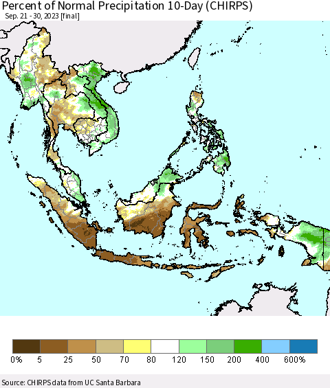 South East Asia Percent of Normal Precipitation 10-Day (CHIRPS) Thematic Map For 9/21/2023 - 9/30/2023