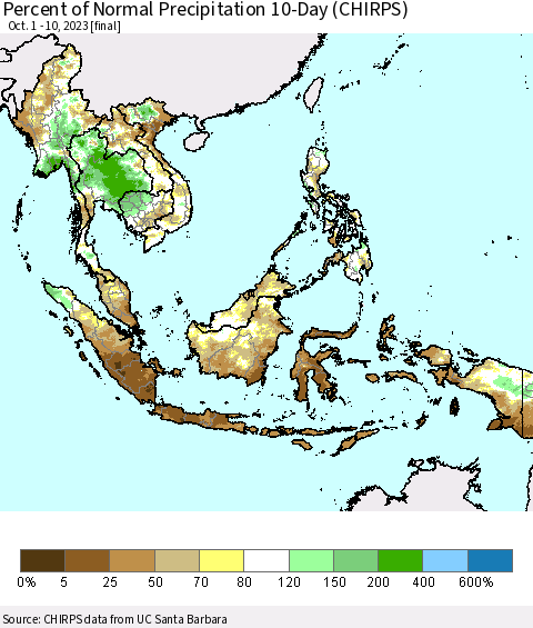 South East Asia Percent of Normal Precipitation 10-Day (CHIRPS) Thematic Map For 10/1/2023 - 10/10/2023