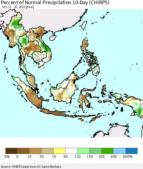South East Asia Percent of Normal Precipitation 10-Day (CHIRPS) Thematic Map For 10/11/2023 - 10/20/2023