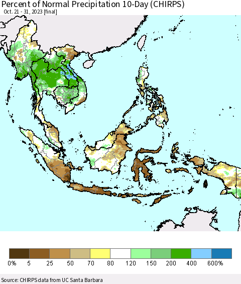 South East Asia Percent of Normal Precipitation 10-Day (CHIRPS) Thematic Map For 10/21/2023 - 10/31/2023