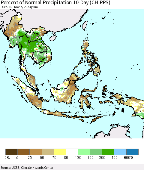 South East Asia Percent of Normal Precipitation 10-Day (CHIRPS) Thematic Map For 10/26/2023 - 11/5/2023