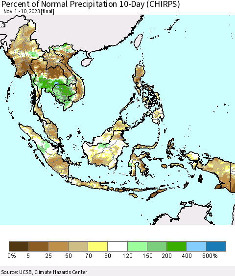 South East Asia Percent of Normal Precipitation 10-Day (CHIRPS) Thematic Map For 11/1/2023 - 11/10/2023
