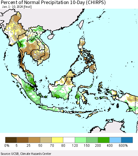 South East Asia Percent of Normal Precipitation 10-Day (CHIRPS) Thematic Map For 1/1/2024 - 1/10/2024