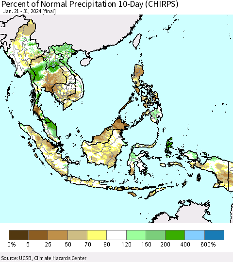 South East Asia Percent of Normal Precipitation 10-Day (CHIRPS) Thematic Map For 1/21/2024 - 1/31/2024