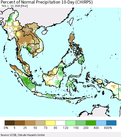 South East Asia Percent of Normal Precipitation 10-Day (CHIRPS) Thematic Map For 2/1/2024 - 2/10/2024