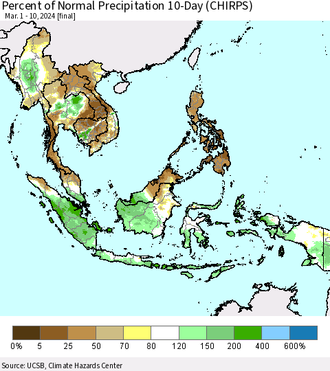 South East Asia Percent of Normal Precipitation 10-Day (CHIRPS) Thematic Map For 3/1/2024 - 3/10/2024