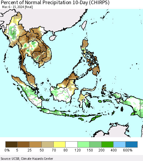 South East Asia Percent of Normal Precipitation 10-Day (CHIRPS) Thematic Map For 3/6/2024 - 3/15/2024