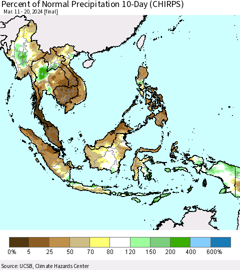 South East Asia Percent of Normal Precipitation 10-Day (CHIRPS) Thematic Map For 3/11/2024 - 3/20/2024