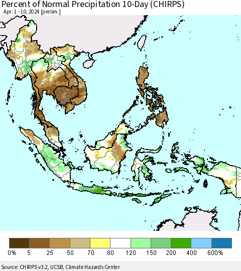 South East Asia Percent of Normal Precipitation 10-Day (CHIRPS) Thematic Map For 4/1/2024 - 4/10/2024