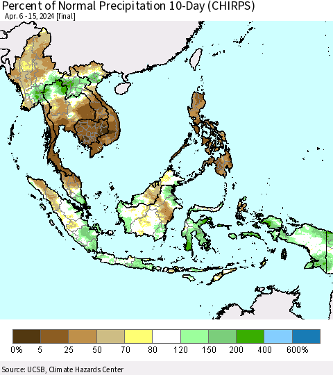 South East Asia Percent of Normal Precipitation 10-Day (CHIRPS) Thematic Map For 4/6/2024 - 4/15/2024
