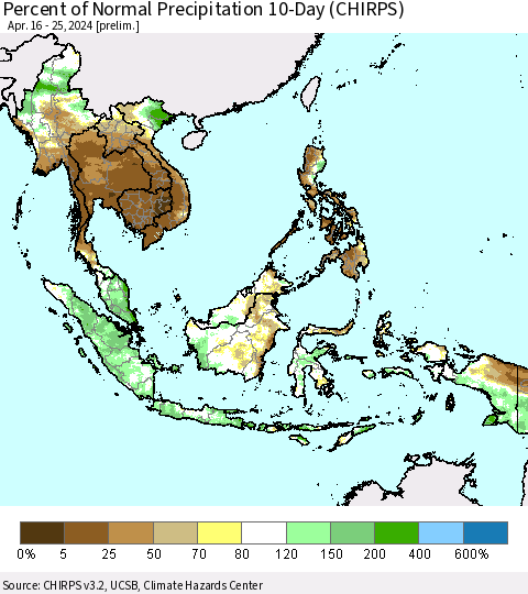 South East Asia Percent of Normal Precipitation 10-Day (CHIRPS) Thematic Map For 4/16/2024 - 4/25/2024