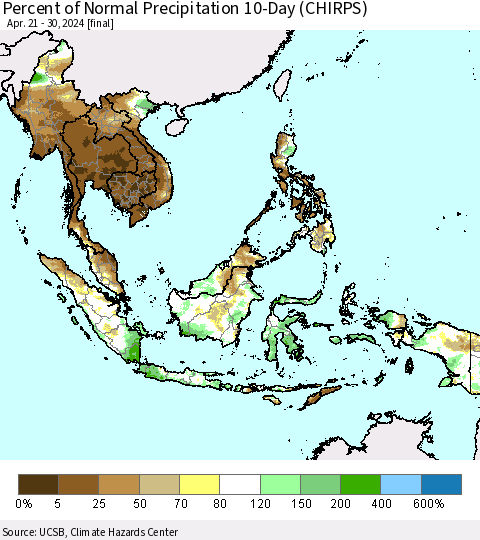 South East Asia Percent of Normal Precipitation 10-Day (CHIRPS) Thematic Map For 4/21/2024 - 4/30/2024